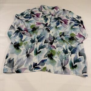 Alfred Dunner Blue Purple White Floral Button Down Blouse XL Trópical Travel